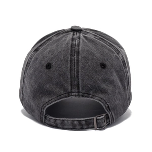 Vintage washed dark grey cotton baseball cap with adjustable metal buckle back view