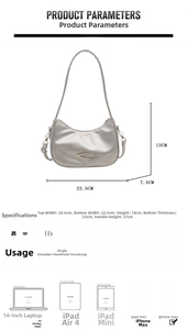 Detailed size specifications and dimensions for the silver PU leather crescent shoulder bag