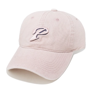 Detail of P letter embroidery on vintage washed cotton baseball cap in light pink