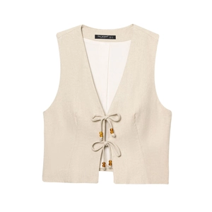 Gilet en lin beige pour femme avec fermeture à nouer et perles en bois décoratives