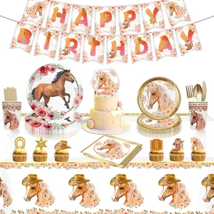 Western Cowboy Horse Floral Birthday Party Decorations Tableware Banner Balloons Cake Topper Napkins Plates Cups Tablecloth