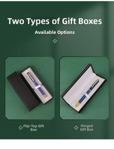 Navy blue business pen with gold accents shown in two different black gift box styles