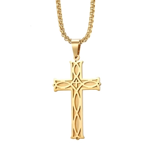 Golden stainless steel Celtic knot cross pendant necklace with polished finish on white background