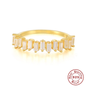 Classic 925 sterling silver gold ring with rectangular zircon stones in a row
