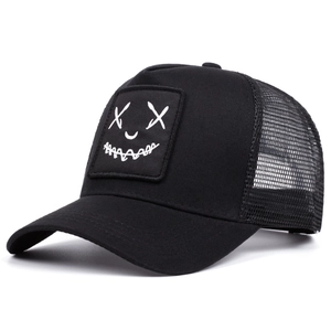 Streetwear black trucker hat with devil X_X embroidery and breathable mesh back