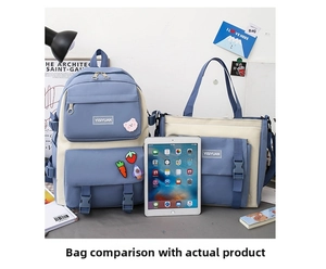 Detail of blue and beige school backpack set with cute badges and functional pockets