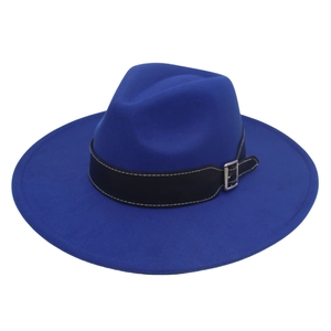 Royal blue wool fedora hat with wide brim featuring a black leather belt and silver buckle