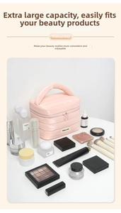 Dettaglio borsa cosmetica in nylon rosa trapuntato con ampia capacità e cerniere