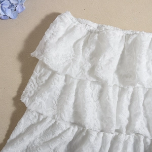 Detailed close-up of white layered lace fabric with intricate ruffle edges on a mini skirt