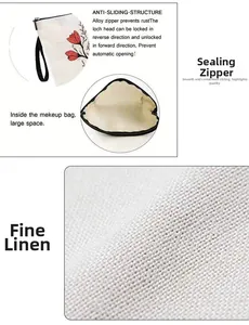 Detail of white linen makeup bag with red floral print and non-slip alloy zipper