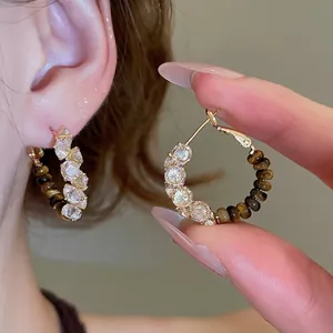 18k gold plated hoop earrings featuring zircon crystals and tiger eye beads for women