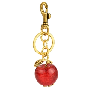 Sparkling red apple keychain with gold leaf charm and lobster clasp for bag decoration