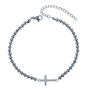 Close-up of beaded strand with a horizontal cross charm and a secure lobster clasp