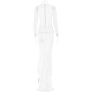 Détail d'une robe maxi blanche en mesh à manches longues avec baleines de corset