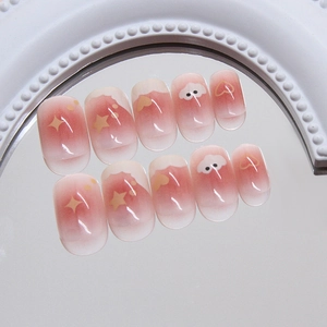 Pink blush gradient press-on nails with cute cloud stars and hearts motifs 24pcs set