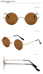 Three-view layout of vintage round gold metal sunglasses with polarized tea lenses