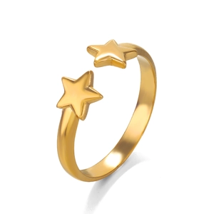 18K gold plated stainless steel open ring featuring minimalist double star design