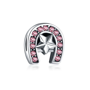 Silver horseshoe bead pendant with pink crystals and polished star for DIY jewelry