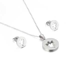 Silver stainless steel jewelry set featuring hollow angel pendant necklace and stud earrings