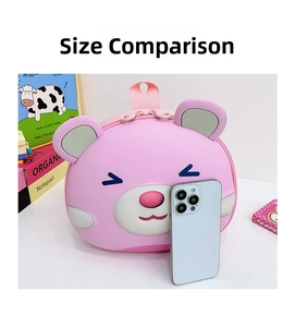 Detail of pink toddler backpack with cute 3D bear ears and a durable waterproof EVA shell