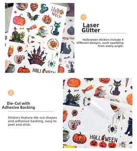 Detail view of 4 pieces of holographic laser Halloween stickers with pumpkin and bat motifs