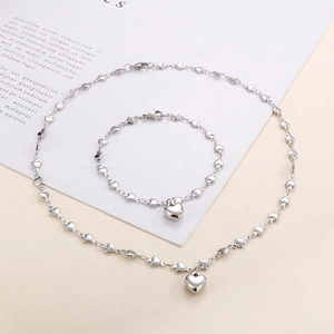 Stainless Steel Heart Link Necklace And Bracelet Hollow Heart Pendant Fashion Elegant Jewelry For Women