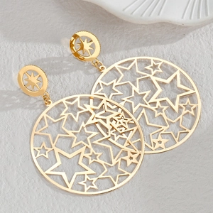 Vintage golden hollow round star earrings with celestial patterns in a metallic finish