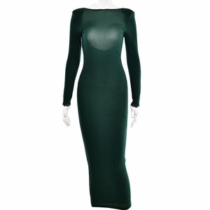 Dark green off-shoulder slim fit dress with shimmering silk and backless design