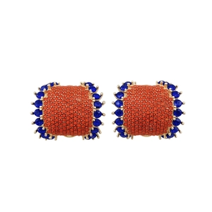 Vintage C-shaped square stud earrings with orange and blue stones in a gold metal frame