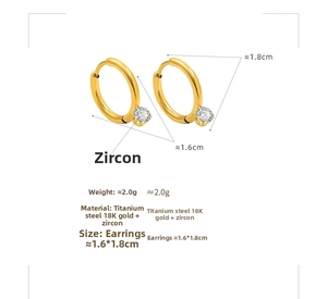 Detail of 18K gold-plated titanium steel hoop earrings with sparkling zircon gemstone