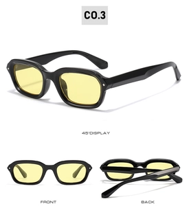 Detailed views of punk square sunglasses featuring thick black frames and yellow lenses