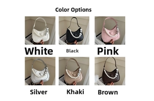 Detailed display of heart-embossed half moon bags in six colors with pearl straps