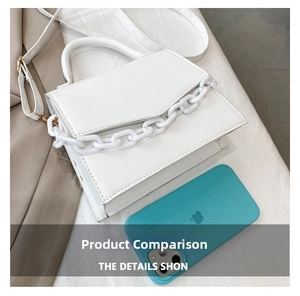 Detailed top view of the white PU leather crossbody bag showing its size next to a phone