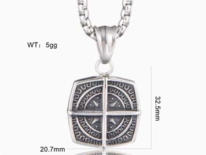 Macro view of vintage silver compass square pendant with dimensions and pearl chain