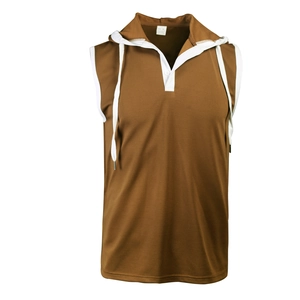 Close-up of brown hooded sleeveless gym shirt showing breathable mesh fabric and white drawstrings
