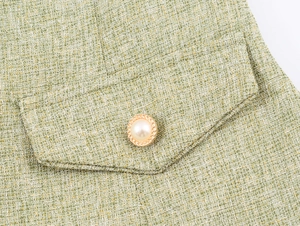 Detailed macro view of light green tweed fabric and decorative pearl metal button on jacket