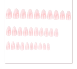 Detailansicht von 30 rosa Ombré-Kunstnägeln in Mandelform in verschiedenen Größen
