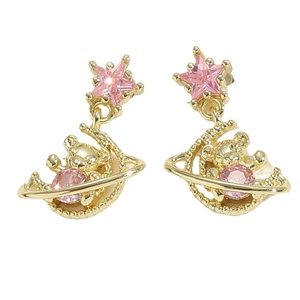 Retro gold bear earrings with pink zircon star and moon pendants on white background