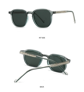 Detail of grey-green translucent sunglasses showing geometric textured temples and back view