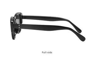 Side view of black cat-eye sunglasses with polished frame and silver stud detail