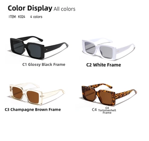 Detailed grid showing four color variants of square frame sunglasses with metal accents