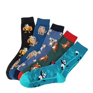 Five pairs of men's cotton socks featuring eagle, sloth, koala, kangaroo, and panda patterns