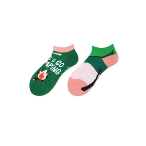 Camping themed low-cut cotton socks with asymmetrical green and pink outdoor patterns