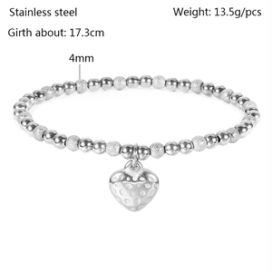 Polished and frosted stainless steel beaded bracelet with a heart pendant and charms