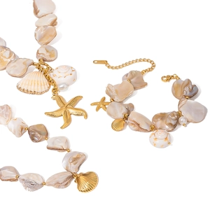 18k gold plated stainless steel sea shell necklace and bracelet jewelry set with starfish