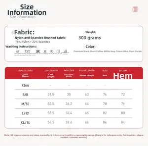 Size chart for long sleeve yoga jacket with fabric specs and washing instructions