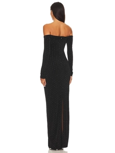 Off-the-shoulder black rhinestone dress with long sleeves and a high back slit