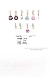 Detailed size and material chart for heart-shaped enamel earrings with zircon stones