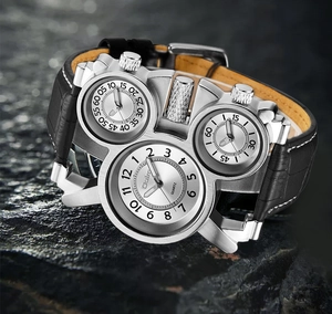 Detailed macro shot of Oulm multi-timezone quartz watch on textured dark rock surface