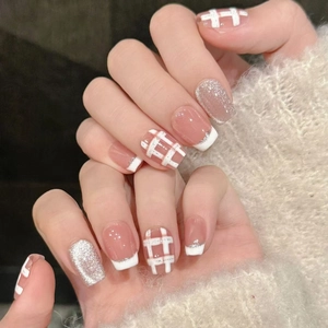Faux Ongles Faits Main French Rose Motif Carreaux Paillettes Effet Oeil De Chat Douce Minimaliste Trapèze Femmes